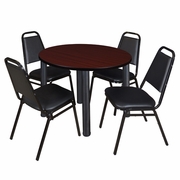 36 IN ROUND BREAKROOM TABLE- MAHOGANY TOP, BLACK LEGS, 4 RESTAURANT STACK CHAIRS <FONT COLOR=GREEN>-FREE SHIPPING-</FONT>