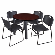36 IN ROUND BREAKROOM TABLE- MAHOGANY TOP, BLACK LEGS, 4 STACK CHAIRS- BLACK <FONT COLOR=GREEN>-FREE SHIPPING-</FONT>