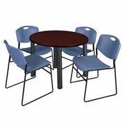 36 IN ROUND BREAKROOM TABLE- MAHOGANY TOP, BLACK LEGS, 4 STACK CHAIRS- BLUE <FONT COLOR=GREEN>-FREE SHIPPING-</FONT>