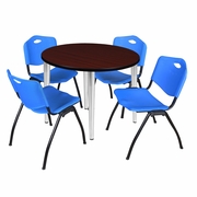36 IN. ROUND BREAKROOM TABLE- MAHOGANY TOP, CHROME BASE & 4 M STACK CHAIRS- BLUE <FONT COLOR=GREEN>-FREE SHIPPING-</FONT>
