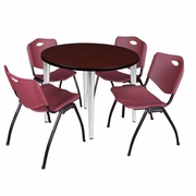36 IN. ROUND BREAKROOM TABLE- MAHOGANY TOP, CHROME BASE & 4 M STACK CHAIRS- BURGUNDY <FONT COLOR=GREEN>-FREE SHIPPING-</FONT>