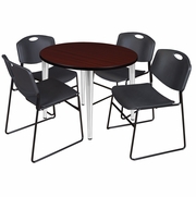 36 IN. ROUND BREAKROOM TABLE- MAHOGANY TOP, CHROME BASE & 4 STACK CHAIRS- BLACK <FONT COLOR=GREEN>-FREE SHIPPING-</FONT>