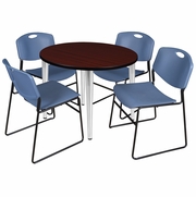 36 IN. ROUND BREAKROOM TABLE- MAHOGANY TOP, CHROME BASE & 4 STACK CHAIRS- BLUE <FONT COLOR=GREEN>-FREE SHIPPING-</FONT>