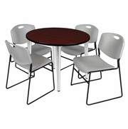 36 IN. ROUND BREAKROOM TABLE- MAHOGANY TOP, CHROME BASE & 4 STACK CHAIRS- GREY <FONT COLOR=GREEN>-FREE SHIPPING-</FONT>