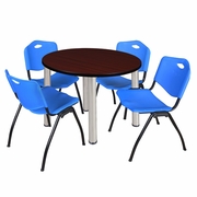 36 IN ROUND BREAKROOM TABLE- MAHOGANY TOP, CHROME LEGS, 4 M STACK CHAIRS- BLUE <FONT COLOR=GREEN>-FREE SHIPPING-</FONT>