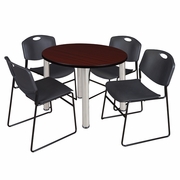 36 IN ROUND BREAKROOM TABLE- MAHOGANY TOP, CHROME LEGS, 4 STACK CHAIRS- BLACK <FONT COLOR=GREEN>-FREE SHIPPING-</FONT>