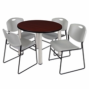 36 IN ROUND BREAKROOM TABLE- MAHOGANY TOP, CHROME LEGS, 4 STACK CHAIRS- GREY <FONT COLOR=GREEN>-FREE SHIPPING-</FONT>