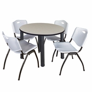 36 IN ROUND BREAKROOM TABLE- MAPLE TOP, BLACK LEGS, 4 M STACK CHAIRS- GREY <FONT COLOR=GREEN>-FREE SHIPPING-</FONT>