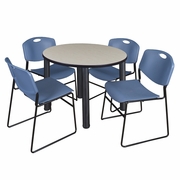 36 IN ROUND BREAKROOM TABLE- MAPLE TOP, BLACK LEGS, 4 STACK CHAIRS- BLUE <FONT COLOR=GREEN>-FREE SHIPPING-</FONT>