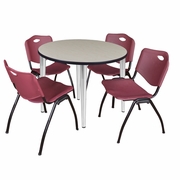 36 IN. ROUND BREAKROOM TABLE- MAPLE TOP, CHROME BASE & 4 M STACK CHAIRS- BURGUNDY <FONT COLOR=GREEN>-FREE SHIPPING-</FONT>