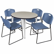36 IN. ROUND BREAKROOM TABLE- MAPLE TOP, CHROME BASE & 4 STACK CHAIRS- BLUE <FONT COLOR=GREEN>-FREE SHIPPING-</FONT>