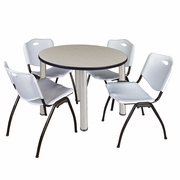 36 IN ROUND BREAKROOM TABLE- MAPLE TOP, CHROME LEGS, 4 M STACK CHAIRS- GREY <FONT COLOR=GREEN>-FREE SHIPPING-</FONT>