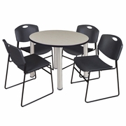 36 IN ROUND BREAKROOM TABLE- MAPLE TOP, CHROME LEGS, 4 STACK CHAIRS- BLACK <FONT COLOR=GREEN>-FREE SHIPPING-</FONT>