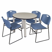 36 IN ROUND BREAKROOM TABLE- MAPLE TOP, CHROME LEGS, 4 STACK CHAIRS- BLUE <FONT COLOR=GREEN>-FREE SHIPPING-</FONT>