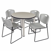 36 IN ROUND BREAKROOM TABLE- MAPLE TOP, CHROME LEGS, 4 STACK CHAIRS- GREY <FONT COLOR=GREEN>-FREE SHIPPING-</FONT>