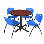 36 IN. ROUND X-BASE BREAKROOM TABLE- CHERRY & 4 M STACK CHAIRS- BLUE <FONT COLOR=GREEN>-FREE SHIPPING-</FONT>