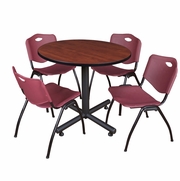 36 IN. ROUND X-BASE BREAKROOM TABLE- CHERRY, 4 M STACK CHAIRS- BURGUNDY <FONT COLOR=GREEN>-FREE SHIPPING-</FONT>