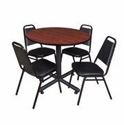 36 IN. ROUND X-BASE BREAKROOM TABLE- CHERRY, 4 RESTAURANT STACK CHAIRS- BLACK <FONT COLOR=GREEN>-FREE SHIPPING-</FONT>