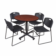 36 IN. ROUND X-BASE BREAKROOM TABLE- CHERRY, 4 STACK CHAIRS- BLACK <FONT COLOR=GREEN>-FREE SHIPPING-</FONT>