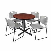 36 IN. ROUND X-BASE BREAKROOM TABLE- CHERRY & 4 STACK CHAIRS- GREY <FONT COLOR=GREEN>-FREE SHIPPING-</FONT>