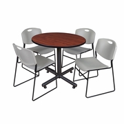 36 IN. ROUND X-BASE BREAKROOM TABLE- CHERRY, 4 STACK CHAIRS- GREY <FONT COLOR=GREEN>-FREE SHIPPING-</FONT>