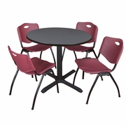 36 IN. ROUND X-BASE BREAKROOM TABLE- GREY & 4 M STACK CHAIRS- BURGUNDY <FONT COLOR=GREEN>-FREE SHIPPING-</FONT>