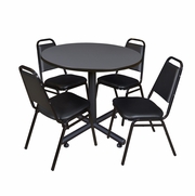36 IN. ROUND X-BASE BREAKROOM TABLE- GREY, 4 RESTAURANT STACK CHAIRS- BLACK <FONT COLOR=GREEN>-FREE SHIPPING-</FONT>