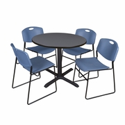 36 IN. ROUND X-BASE BREAKROOM TABLE- GREY & 4 STACK CHAIRS- BLUE <FONT COLOR=GREEN>-FREE SHIPPING-</FONT>
