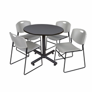36 IN. ROUND X-BASE BREAKROOM TABLE- GREY, 4 STACK CHAIRS- GREY <FONT COLOR=GREEN>-FREE SHIPPING-</FONT>