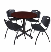36 IN. ROUND X-BASE BREAKROOM TABLE- MAHOGANY, 4 M STACK CHAIRS- BLACK <FONT COLOR=GREEN>-FREE SHIPPING-</FONT>