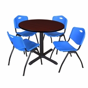 36 IN. ROUND X-BASE BREAKROOM TABLE- MAHOGANY & 4 M STACK CHAIRS- BLUE <FONT COLOR=GREEN>-FREE SHIPPING-</FONT>