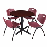36 IN. ROUND X-BASE BREAKROOM TABLE- MAHOGANY & 4 M STACK CHAIRS- BURGUNDY <FONT COLOR=GREEN>-FREE SHIPPING-</FONT>