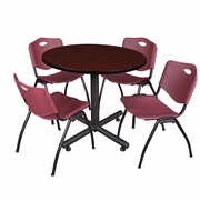 36 IN. ROUND X-BASE BREAKROOM TABLE- MAHOGANY, 4 M STACK CHAIRS- BURGUNDY <FONT COLOR=GREEN>-FREE SHIPPING-</FONT>
