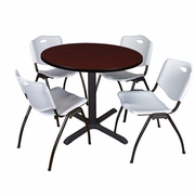 36 IN. ROUND X-BASE BREAKROOM TABLE- MAHOGANY & 4 M STACK CHAIRS- GREY <FONT COLOR=GREEN>-FREE SHIPPING-</FONT>