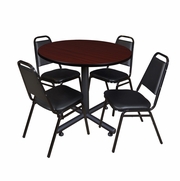 36 IN. ROUND X-BASE BREAKROOM TABLE- MAHOGANY, 4 RESTAURANT STACK CHAIRS- BLACK <FONT COLOR=GREEN>-FREE SHIPPING-</FONT>