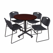 36 IN. ROUND X-BASE BREAKROOM TABLE- MAHOGANY, 4 STACK CHAIRS- BLACK <FONT COLOR=GREEN>-FREE SHIPPING-</FONT>