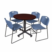36 IN. ROUND X-BASE BREAKROOM TABLE- MAHOGANY, 4 STACK CHAIRS- BLUE <FONT COLOR=GREEN>-FREE SHIPPING-</FONT>