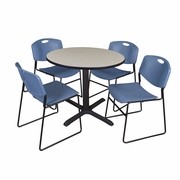 36 IN. ROUND X-BASE BREAKROOM TABLE- MAPLE & 4 STACK CHAIRS- BLUE <FONT COLOR=GREEN>-FREE SHIPPING-</FONT>