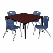 36 IN. SQUARE ADJUSTABLE CLASSROOM TABLE- MAHOGANY & 4 ANDY 12 IN. STACK CHAIRS- BLUE <FONT COLOR=GREEN>-FREE SHIPPING-</FONT>
