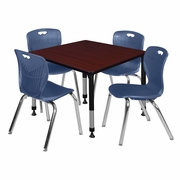 36 IN. SQUARE ADJUSTABLE CLASSROOM TABLE- MAHOGANY & 4 ANDY 18 IN. STACK CHAIRS- BLUE <FONT COLOR=GREEN>-FREE SHIPPING-</FONT>