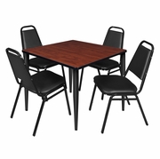 36 IN. SQUARE BREAKROOM TABLE- CHERRY TOP, BLACK BASE & 4 RESTAURANT STACK CHAIRS- BLACK <FONT COLOR=GREEN>-FREE SHIPPING-</FONT>