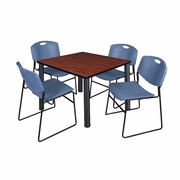 36 IN SQUARE BREAKROOM TABLE- CHERRY TOP, BLACK LEGS, 4 STACK CHAIRS- BLUE <FONT COLOR=GREEN>-FREE SHIPPING-</FONT>