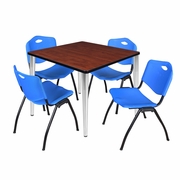 36 IN. SQUARE BREAKROOM TABLE- CHERRY TOP, CHROME BASE & 4 M STACK CHAIRS- BLUE <FONT COLOR=GREEN>-FREE SHIPPING-</FONT>
