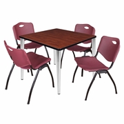 36 IN. SQUARE BREAKROOM TABLE- CHERRY TOP, CHROME BASE & 4 M STACK CHAIRS- BURGUNDY <FONT COLOR=GREEN>-FREE SHIPPING-</FONT>