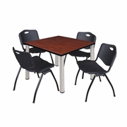 36 IN SQUARE BREAKROOM TABLE- CHERRY TOP, CHROME LEGS, 4 M STACK CHAIRS- BLACK <FONT COLOR=GREEN>-FREE SHIPPING-</FONT>