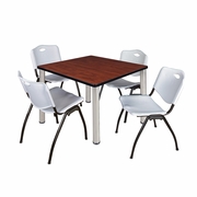 36 IN SQUARE BREAKROOM TABLE- CHERRY TOP, CHROME LEGS, 4 M STACK CHAIRS- GREY <FONT COLOR=GREEN>-FREE SHIPPING-</FONT>
