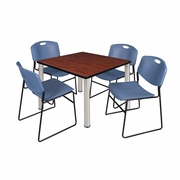 36 IN SQUARE BREAKROOM TABLE- CHERRY TOP, CHROME LEGS, 4 STACK CHAIRS- BLUE <FONT COLOR=GREEN>-FREE SHIPPING-</FONT>