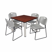 36 IN SQUARE BREAKROOM TABLE- CHERRY TOP, CHROME LEGS, 4 STACK CHAIRS- GREY <FONT COLOR=GREEN>-FREE SHIPPING-</FONT>