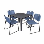 36 IN SQUARE BREAKROOM TABLE- GREY TOP, BLACK LEGS, 4 STACK CHAIRS- BLUE <FONT COLOR=GREEN>-FREE SHIPPING-</FONT>