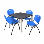 36 IN SQUARE BREAKROOM TABLE- GREY TOP, CHROME LEGS, 4 M STACK CHAIRS- BLUE <FONT COLOR=GREEN>-FREE SHIPPING-</FONT>